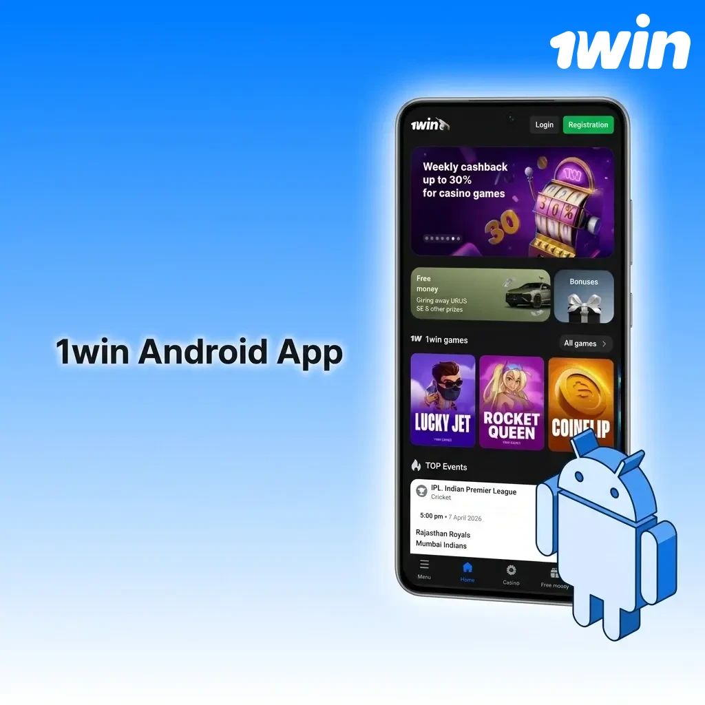 1win Android app interface showing sports betting and casino games on a mobile device