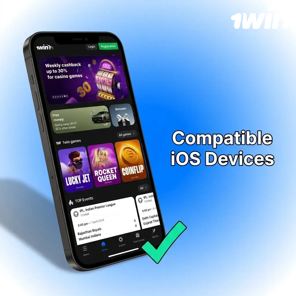 List of compatible iOS devices for the 1win app including iPhone X through 15 series and select iPad models