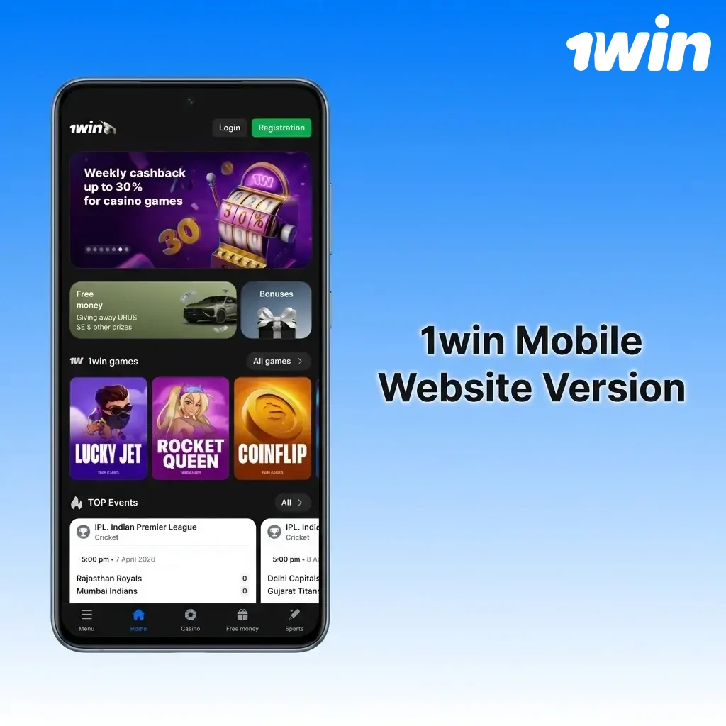 1win mobile website interface on smartphone browser showing sports betting, live casino, and slots without app installation