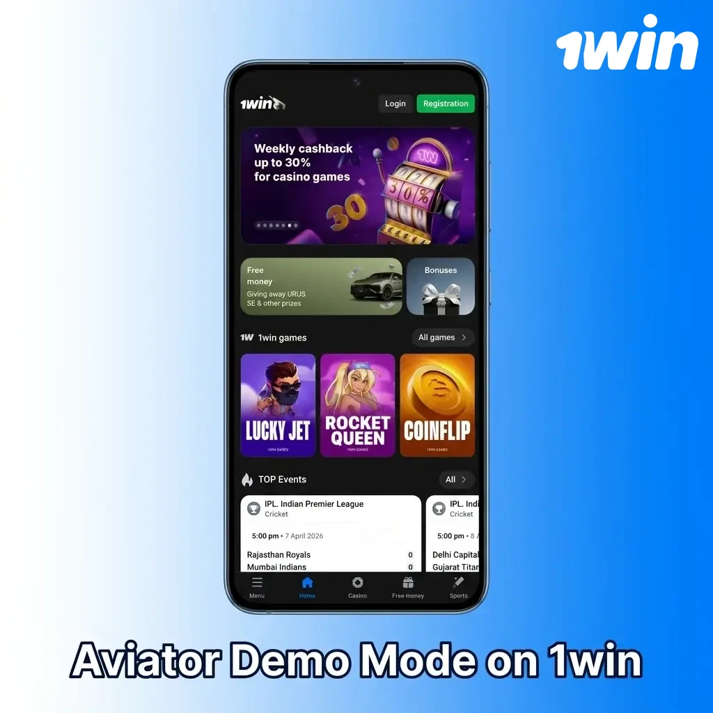 Aviator demo mode on 1win showing virtual credits gameplay with multiplier and cash-out features for risk-free practice