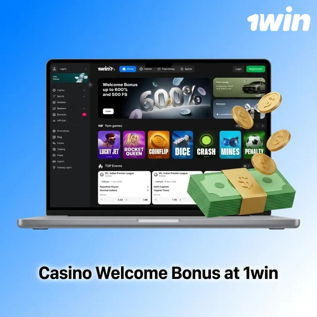1win Canada casino welcome bonus offer showing 500% up to CAD 3,000 across first four deposits with free spins