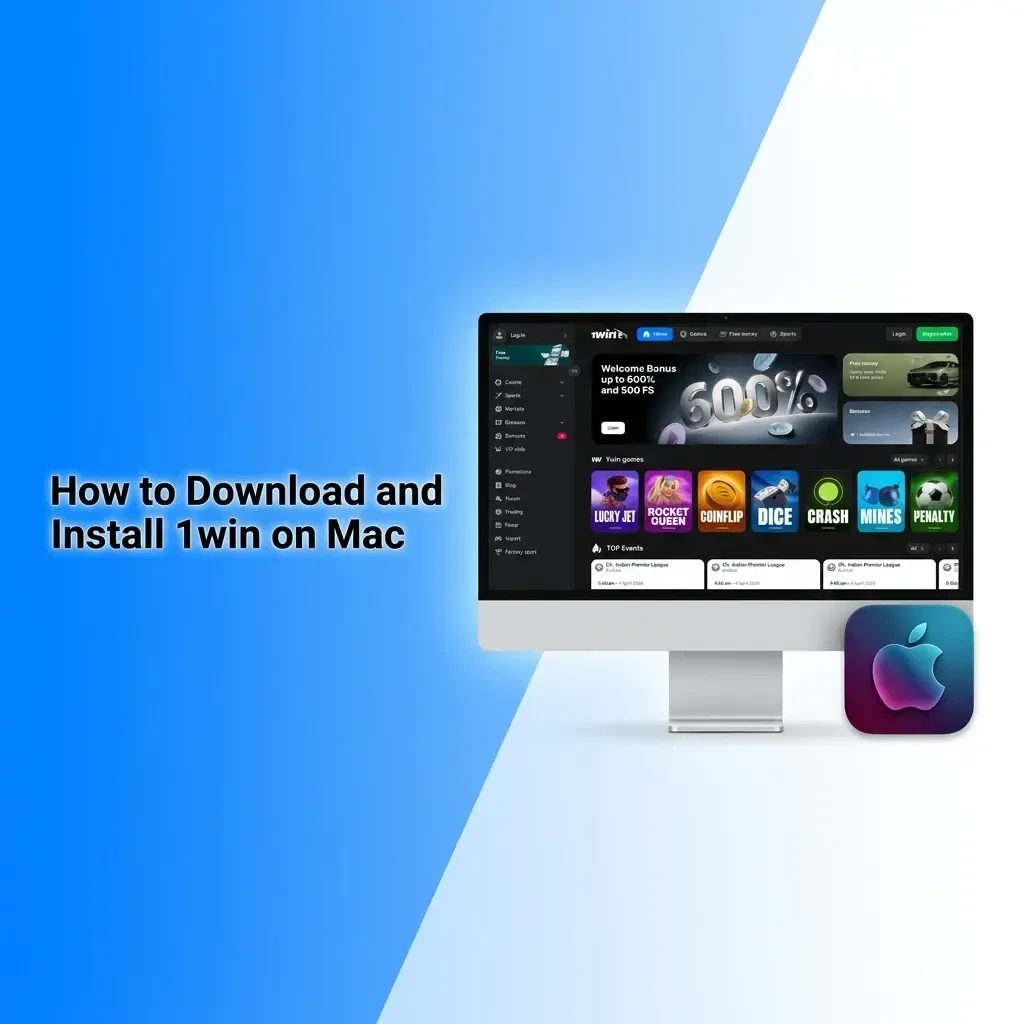 1win Mac app download and installation guide showing steps to install on macOS 10.13 and above