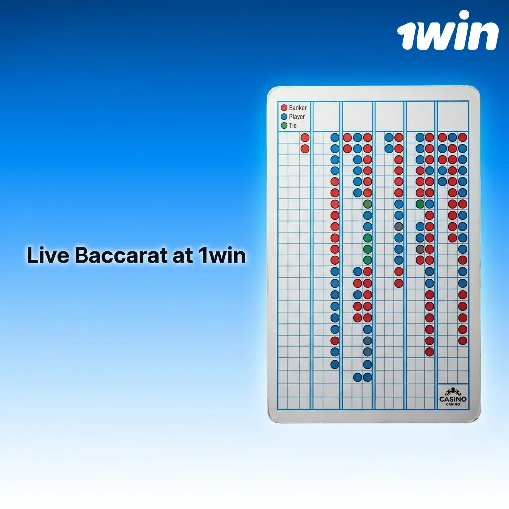 Live dealer baccarat table at 1win casino showing Player and Banker hands with betting options and multiple table limits