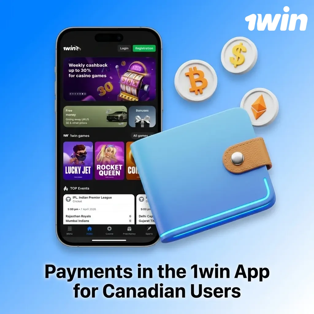1win app payment options for Canadian users including Interac, crypto, e-wallets, and cards with CAD 1 minimum