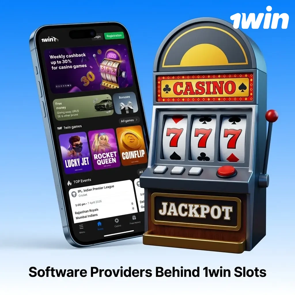 1win slots software providers logos including Pragmatic Play, NetEnt, Microgaming, Play'n GO, and Evolution