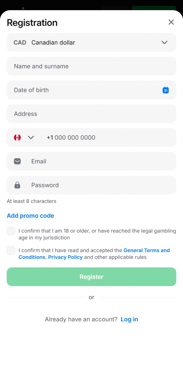 Tap on the green Registration button located at the top of the screen.